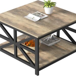 GreenForest Coffee Table with Storage, 27.6 inch Square Coffee Table, Seamless One-Piece Tabletop Design, Small Coffee Tables for Living Room, Farmhouse Sofa Table, Rustic Center Table, Grey Wash