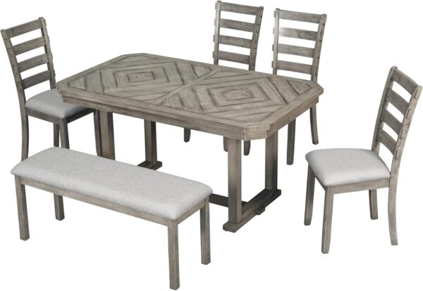 Merax 6-Piece Rubber Wood Dining Table Set with 4 Cushioned Chairs and Bench, Beautiful Wooden Grain Pattern Tabletop, Grey - Image 7