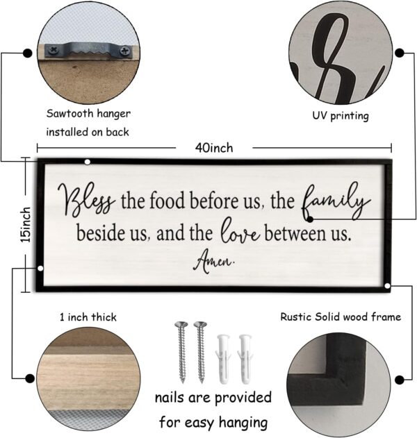 Bless the Food Before Us Sign Wall Decor 40"X15" Large Farmhouse Dining Room Wall Decor Framed Wood Rustic Home Wall Art Kitchen Decoration (Black) - Image 3