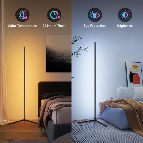 Corner Floor Lamp, 61" RGB Led Floor Lamp, Dimmable Ambient Lighting Corner Lamp, Music and Voice Sync, Color Changing Lamp with Bluetooth App and Remote Control for Living Room, Bedroom, Gaming Room - Image 4