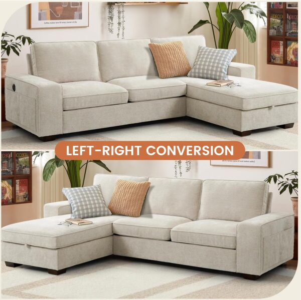 ASHOMELI 99“ Convertible Sectional Sofa,L Shaped Couch,Multi-Functional Reversible Sofa with USB and Type-C Charging Ports, Storage Space, Breathable Fabric (Beige) - Image 6