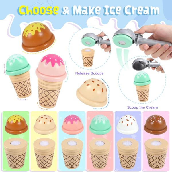 Ice Cream Toy, Wooden Ice Cream Toys for Kids Toddlers, Pretend Play Kitchen Food Toys, Ice Cream Counter Shop Playset for Kids, Kids Ice Cream Cart, Toys for 3 4 5 6 7 8 Year Old Girls Boys - Image 3
