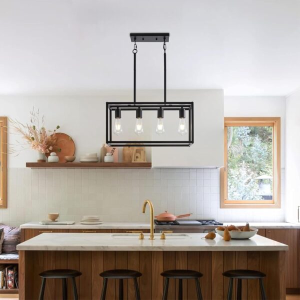 Dining Room Light Fixture 4 Light Black Farmhouse Chandelier Modern Kitchen Island Pendant Lighting Rectangular Hanging Lights for Kitchen Dining Room Adjustable Height Metal E26 Base - Image 3