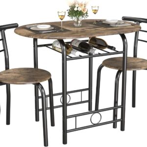 JUMMICO 3-Piece Wooden Round Table & Chair Set, Space Saving Kitchen Breakfast Nook Wood Grain Tabletop with Metal Frame and Built-in Wine Rack for Kitchen, Dining Room (Walnut/Black)