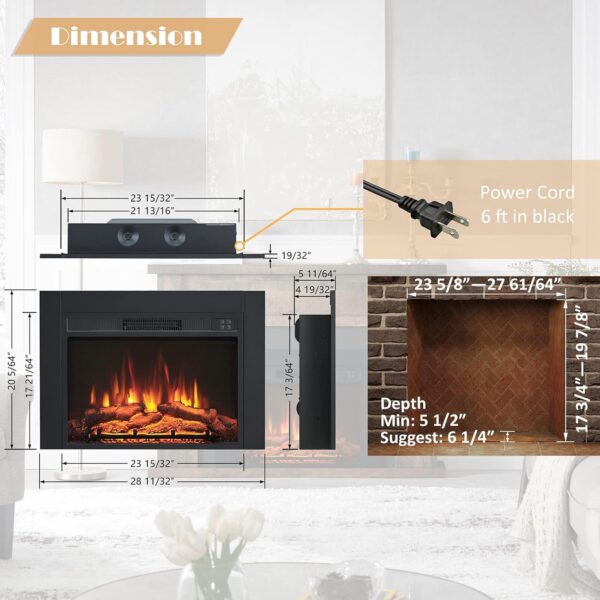 Efiretric® Adam Electric Fireplace Insert with Front Trim Kit, 23" W x 17" H (EF447) with Front Trim Kit, 1500W Heater, Remote Control and Timer - Image 5