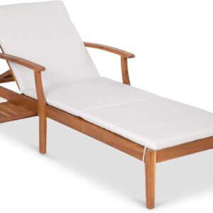 Best Choice Products 79x26in Acacia Wood Chaise Lounge Chair Recliner, Outdoor Furniture for Patio, Poolside w/Slide-Out Side Table, Foam-Padded Cushion, Adjustable Backrest, Wheels - Cream