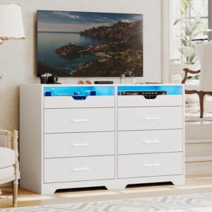 Hasuit 6 Drawers Dresser with LED Lights for Bedroom, Modern Double Dresser with 2 Pull-Out Trays, White Chest of Drawers Bedroom Storage Organizer, Dimensions 15.6" D x 42.6" W x 30.1" H