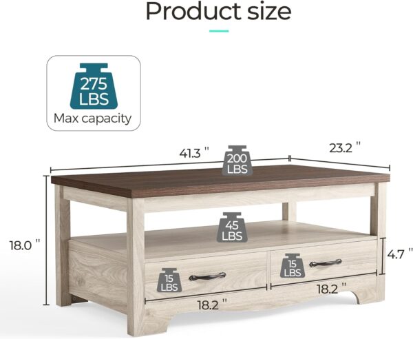 LINSY HOME Farmhouse Coffee Table with Storage, Wood Coffee Table for Living Room, Open Display Area and Storage Drawers with Metal Handles, Chic Style with Curved Base. Oak and Brown - Image 3