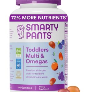 SmartyPants Toddler Multivitamin Gummies: Omega 3 Fish Oil (EPA/DHA), Vitamin D3, C, Vitamin B12, B6, Vitamin A, K & Zinc for Immune Support, Gluten Free, Three Fruit Flavors, 90 Count (30 Day Supply)