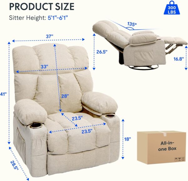 FLEXISPOT XRC5 Recliner Chair for Adults w/Massage & Heat, Oversized 24.4" Wide Swivel Rocker Chair Supports Up to 350 lbs, Overstuffed Large Manual Reclining Sofa for Living Room Nusery, Beige - Image 2