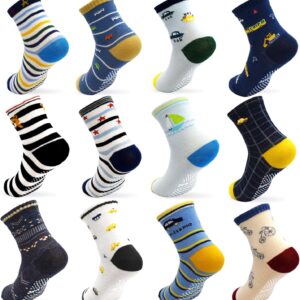 GRPSKCOS Toddler Non Slip Socks- 12 Pairs Anti Skid Kids Socks Cute Crew Grips Socks for 1-7 Years Boys Girls Children