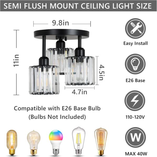 Crystal Semi Flush Mount Ceiling Light,3-Light Modern Close to Ceiling Light Fixtures,Black Kitchen Light Fixtures with Clear Crystal Shade,Hallway Light Fixtures for Hallway Bedroom Bathroom - Image 6