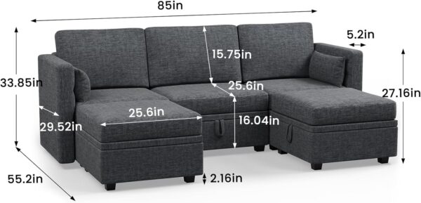 Apicizon 85" U Shaped Sectional Couch, 5 Seats Modular Convertible Sectional Couch with Storage Seat, Adjustable Comfy Chenille Sofa Set for Living Room Office,Grey - Image 2