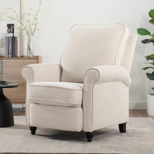 ANJ Push Back Recliner Chair, Textured Fabric Overstuffed Wingback Recliner, Adjustable Pushback Chair with Padded Seat and Back, Single Reclining Sofa for Living Room, Bedroom(Beige)