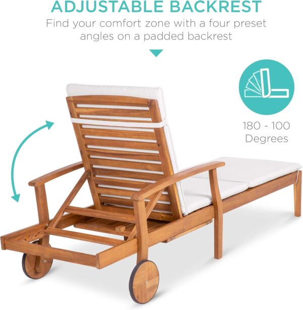 Best Choice Products 79x26in Acacia Wood Chaise Lounge Chair Recliner, Outdoor Furniture for Patio, Poolside w/Slide-Out Side Table, Foam-Padded Cushion, Adjustable Backrest, Wheels - Cream - Image 6