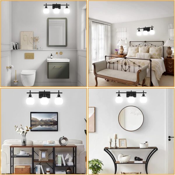 Modern Vanity Lighting Fixtures,3-Light Black Bathroom Lighting Fixtures Over Mirror，Bathroom Wall Mounted Vanity Light with Milky White Glass Lampshade for Living Room，Bedroom，Hallway - Image 7