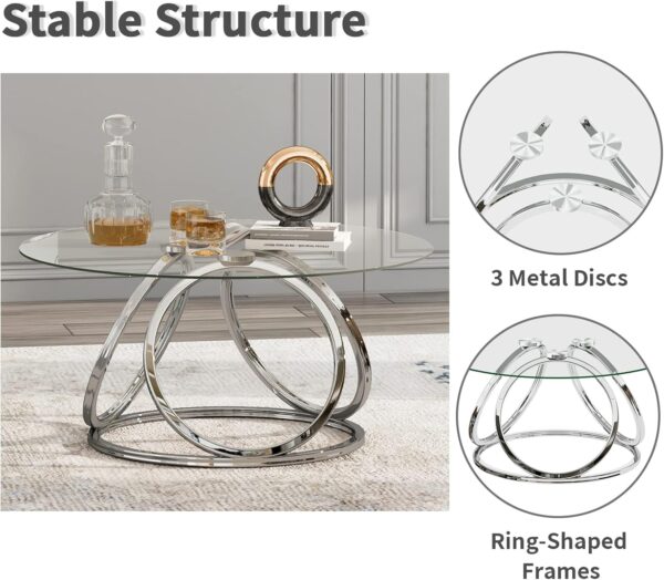 O&K FURNITURE Silver Coffee Table, Modern Glass Coffee Table Living Room Table with Ring-Shaped Frames, Glass Coffee Table for Home&Office, Chrome Finish, 1 PC - Image 5