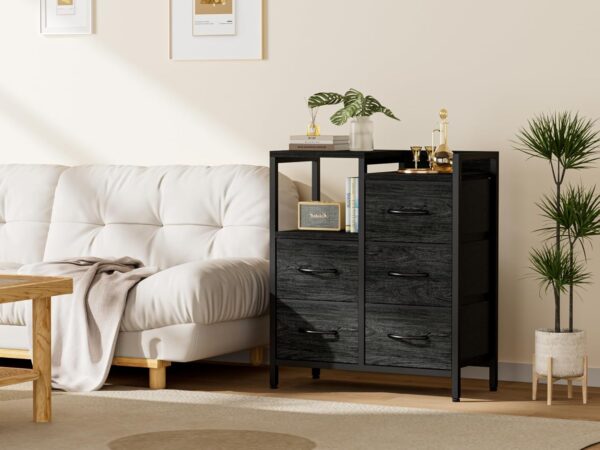 Furnulem 5 Drawer Black Dressers for Bedroom 2 Tier Shelf Storage Small Fabric Dresser for Closet Sturdy Metal Frame Modern Dresser Bedroom Dresser with Drawers for Hallway Rooms - Image 2