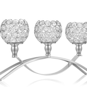 Silver Crystal Candle Holders Decorative Candelabra 3 Arms Candlesticks Holder Table Centerpiece Center Pieces Decoration for Dining Table Home Decor, Wedding, Party, Anniversary