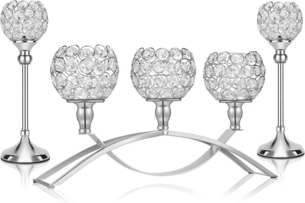 Silver Crystal Candle Holders Decorative Candelabra 3 Arms Candlesticks Holder Table Centerpiece Center Pieces Decoration for Dining Table Home Decor, Wedding, Party, Anniversary