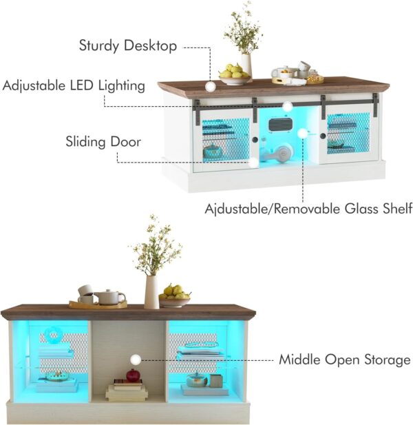 Vabches Coffee Table with Storage and Sliding Barn Doors, Farmhouse & Industrial Wood Square Table with LED Lights Adjustable Shelves, Rustic Center Rectangular Cabinet for Living Room, White Brown - Image 4