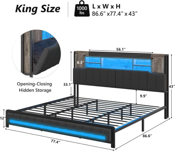 King Size Bed Frame and Bookcase Storage Headboard, LED Upholstered Bed Frame King with Charging Station, Light up King Size Platform Metal Bed Frame, No Box Spring Needed, Charcoal Gray - Image 2