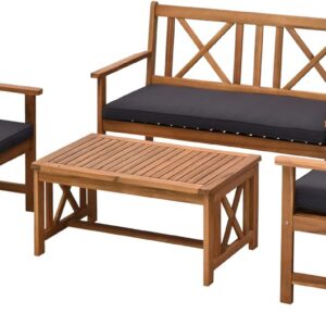 Outsunny 4 Piece Acacia Wood Outdoor Patio Furniture Set with 2 Armchairs, 1 Sofa, & 1 Coffee Table, Cushions Included