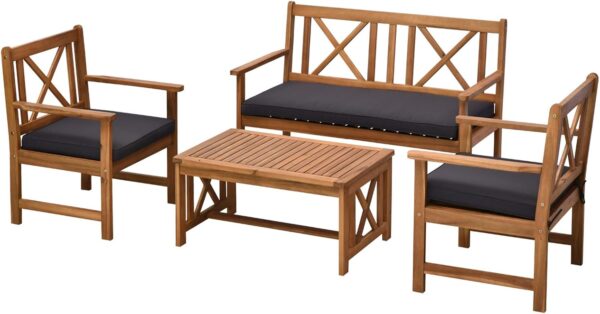 Outsunny 4 Piece Acacia Wood Outdoor Patio Furniture Set with 2 Armchairs, 1 Sofa, & 1 Coffee Table, Cushions Included