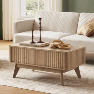 mopio Brooklyn Coffee Table, Lift Top Coffee Tables for Living Room, Mid Century, Modern Farmhouse Center Table with Lifting Top & Hidden Storage, Fluted Panel, Rising Pull Up Dining Table (Oak)