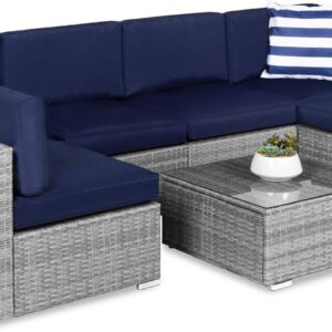 Best Choice Products 7-Piece Modular Outdoor Sectional Wicker Patio Conversation Set w/ 2 Pillows, Coffee Table, Cover Included - Gray/Navy