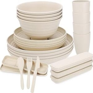 Wheat Straw Dinnerware Set (32PCS)| Unbreakable Tableware Set Dishwasher & Microwave Safe Eco-Friendly Reusable Dinner Dessert Plates, Bowls, Mugs, Cutlery (Beige)