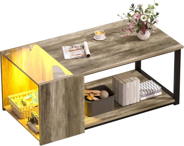 Small LED Coffee Tables for Living Room Center Coffee Table with Storage Tempered Glass Top 35.4 inch Modern Farmhouse Style, Easy Assemble, Grey Wash - Image 3