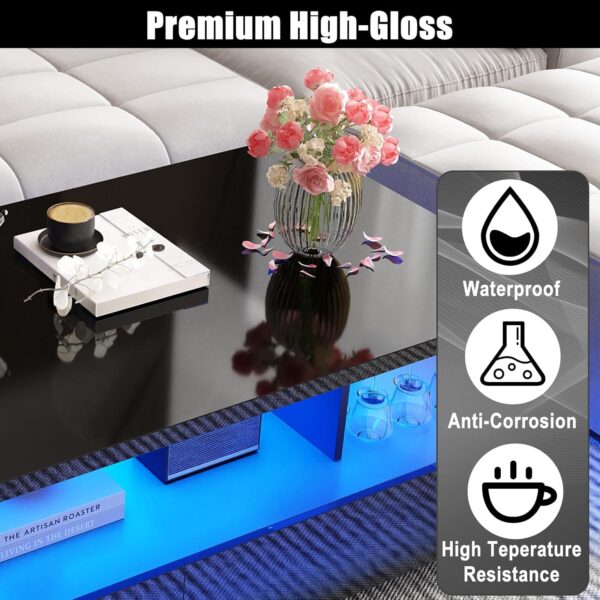 LED Coffee Table w/ 2 Storage Drawers,App Control,High Glossy Modern Black Coffee Table w/60,000-Color Lights,Rectangle 2-Tier Center Table w/Display Shelf for Living Room - Image 7