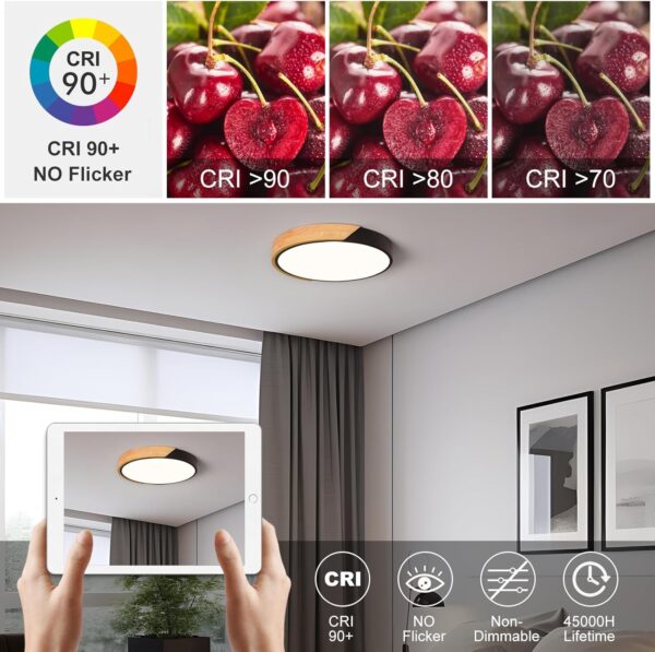 Vikaey Modern LED Ceiling Light, Minimalist Wood Flush Mount Ceiling Light Fixture, 4000K Not Dimmable, Circle Lighting Lamp with Acrylic Lampshade for Bedroom Laundry Room Hallway (Black,11.8") - Image 2