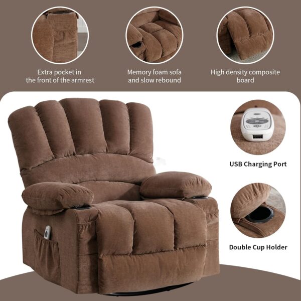 Fantasylab Recliner Chair Rocker Recliner with Massage and Heat Soft Fabric Reclining Chair Manual Rocking Recliner Chair with 2 Cup Holders, USB Charge Port and Side Pocket - Image 4