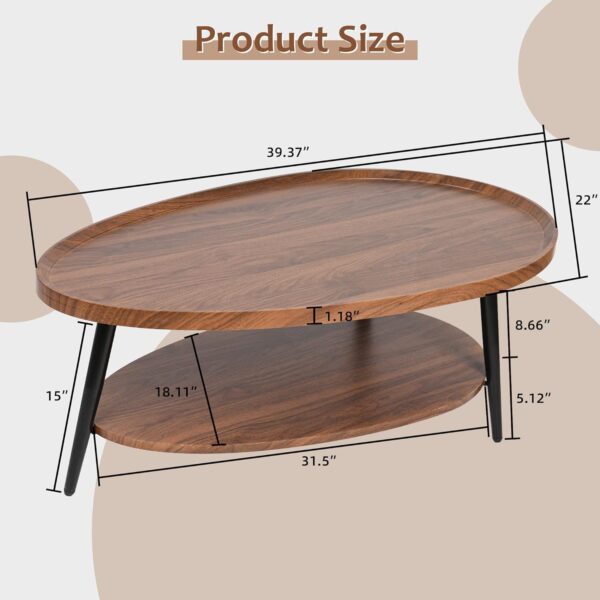 2-Tier Coffee Table Water-Shaped Wood Center Table Mid Century Oval Coffee Table Rustic Farmhouse Coffee Table for Living Room, Bedroom, 40", Brown - Image 2