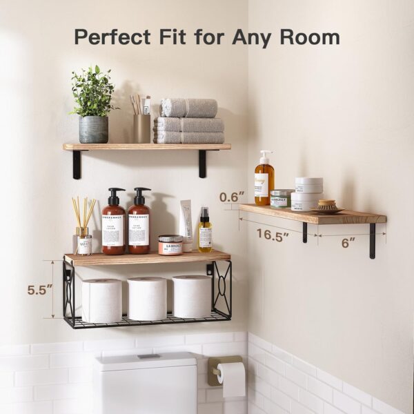 Amada Bathroom Shelves Over Toilet with Storage Basket, Floating Shelves Wall Shelves for Home Organization & Wall Decor, Bathroom/Kitchen/Living Room Shelves–Natural Wood - Image 3
