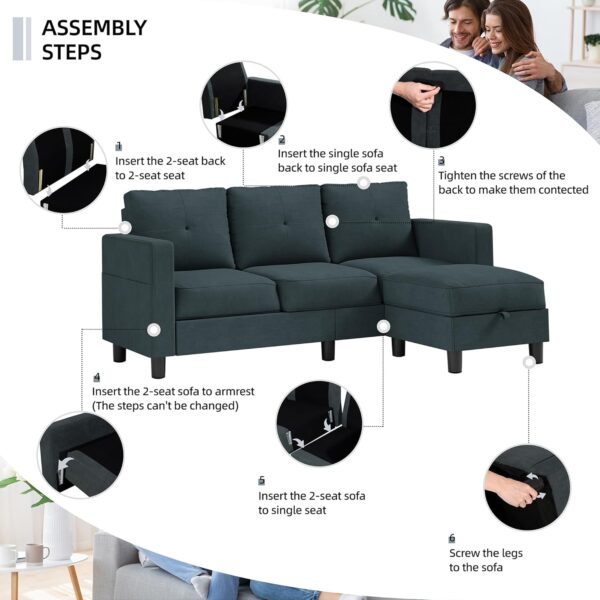 Shintenchi 79 Inch Convertible Sectional Sofa Couch, Modern Linen Fabric L-Shaped , 3-Seat Sofa Sectional with Reversible Chaise for Living Room, Apartment and Small Space (Dark Grey) - Image 6