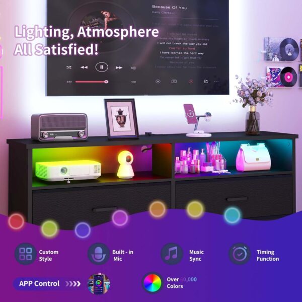 Dresser for bedroom, Fabric Black Bedroom Dresser with LED Lights and Charging Station, 6 Long Drawers Dresser, Tall Wide Chest of Drawers Storage Organizer TV Stand for up to 60" TV for Living Room - Image 6