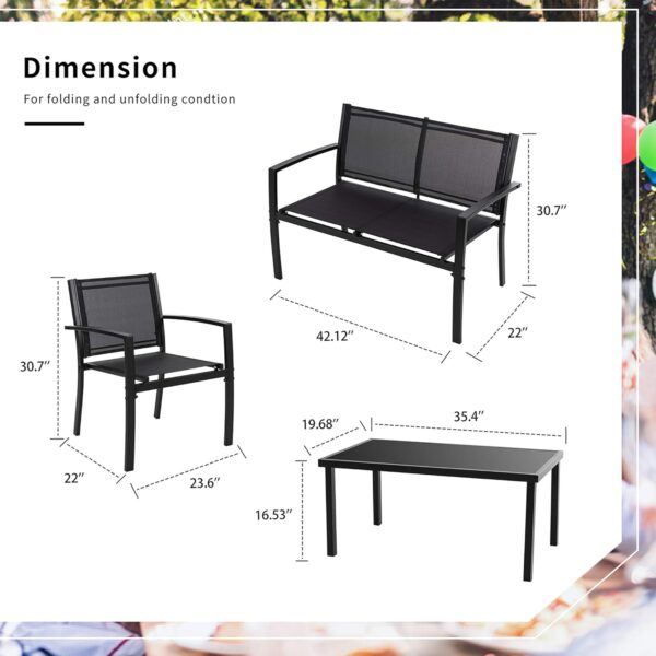 Shintenchi 4 Pieces Patio Furniture Set All Weather Textile Fabric Outdoor Conversation Set, with Glass Coffee Table, Loveseat, 2 Single Chairs for Home, Garden, Lawn, Porch（Black） - Image 4