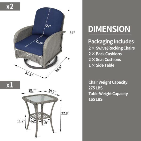 Outdoor Swivel Chairs 3 Piece Wicker Rocking Charis Set Patio Furniture Set with Rattan Side Table, Rocker Bistro Sets for Outside Porch Deck Garden Backyard, Gray Blue - Image 2