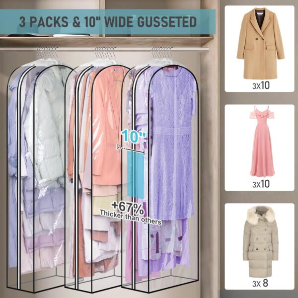 MISSLO 10" Gusseted All Clear Garment Bags for Hanging Clothes 60" Dress Bags for Gowns Long Hanging Clothes Bag for Closet Dress Cover for Coats, 3 Packs - Image 2
