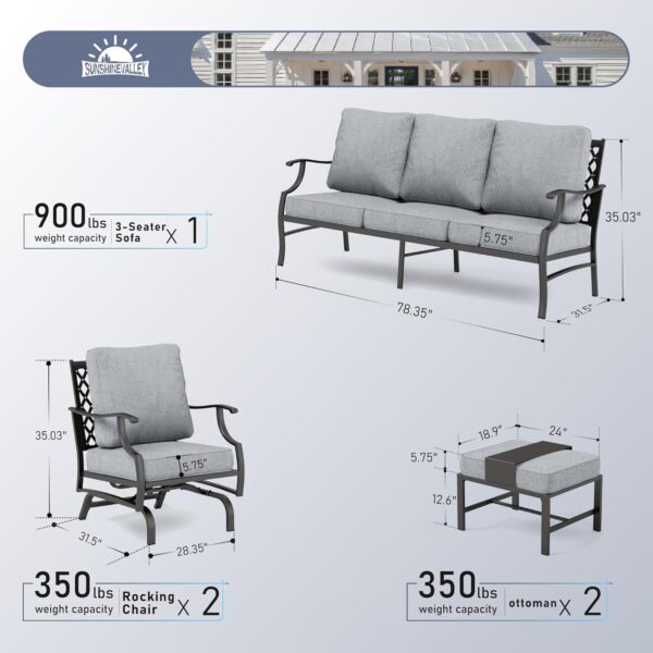 7 Piece Metal Outdoor Patio Furniture Set, Patio Conversation Sets 3-seater Sofa, 2 Rocking Chair, 2 Ottomans with 5.75" Thick Cushion, Black All-weather Frame Backyard Furniture, Gray - Image 6