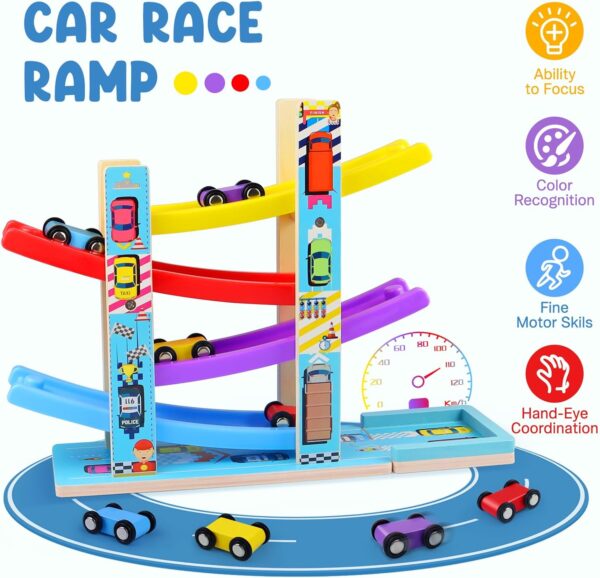 Montessori Toys for Toddlers, Children Race Track Toy with 4 Cars and 1 Wooden Parking Lot, Stable Base, Car Ramp Toy for 2 3 Year Old Boy Girl Gifts, 18 Month Old Toys for Kids - Image 5