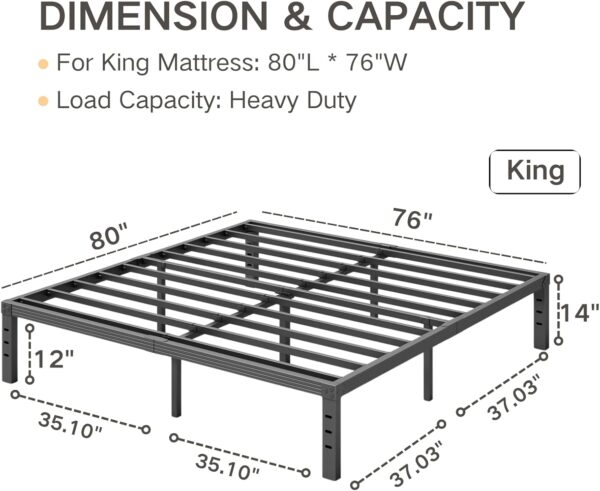 COMASACH King Bed Frame Heavy Duty,14" High Black Metal Platform Bed Frame,Sturdy Steel Frame,Support up to 3500lbs,No Box Spring Needed,Noise-Free,Easy Assembly - Image 2