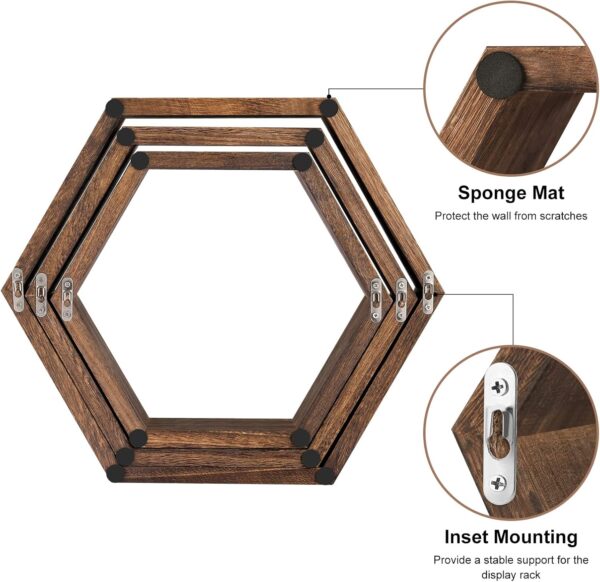 Hexagon Floating Shelves Set of 6 Farmhouse Honeycomb Wall Storage Shelf Wood Display Hexagonal Shelves Wall Mounted Hanging Rustic Shelf Racks for Bedroom Living Room Hallway Office Decor, Brown - Image 5
