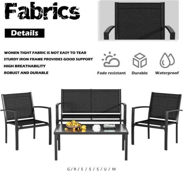 Greesum 4 Pieces Patio Furniture Set, Outdoor Conversation Sets for Patio, Lawn, Garden, Poolside with A Glass Coffee Table, Black - Image 5