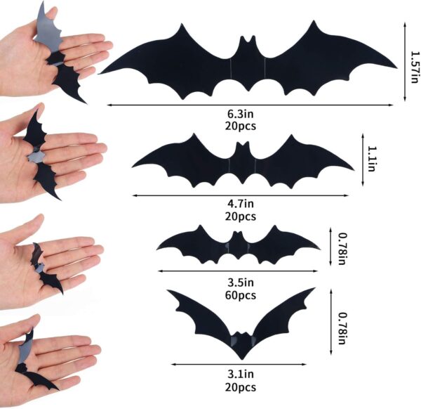 DIYASY Bats Wall Decor,120 Pcs 3D Bat Halloween Decoration Stickers for Home Decor 4 Size Waterproof Black Spooky Bats for Room Décor - Image 2