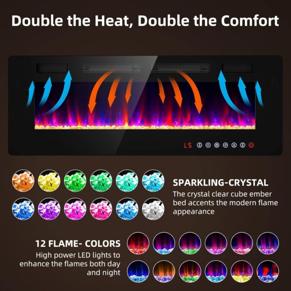 50 inches Electric Fireplace-Wall Fireplace for Living Room-Fireplace Freestanding/Inserts/Wall Mounted with Remote Control, Timer, Dimmer, 12 Flame Colors, 750/1500W, Ultra Thin - Image 3