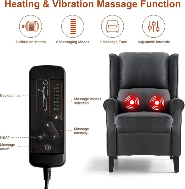 Modern Recliner Chair, Single Sofa Chair with Thick Seat Cushion, Push Back Recliner with Heat and Massage, Comfortable Wing Back Chair for Bedroom, Living Room(Gray, Single) - Image 3